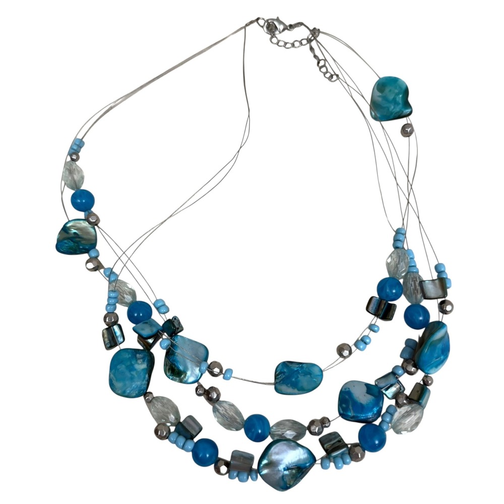 Beaded Chunky Necklace Turquoise Blue Statement 3 Strand Costume Jewelry 10 in - Picture 4 of 5